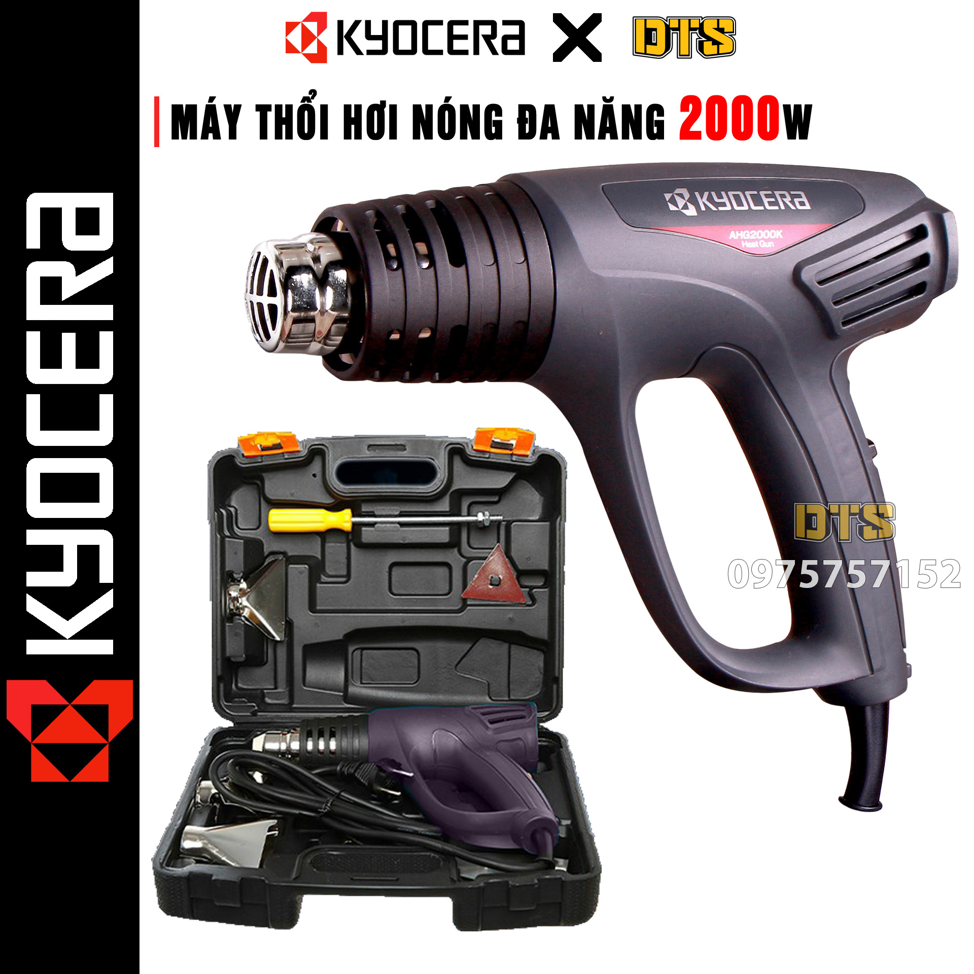 Máy thổi hơi nóng đa năng 2000W KYOCERA x RYOBI | Máy khò nhiệt 2 cấp độ 450-600 độ C khò màng co chỉnh nhiệt, lên nhiệt nhanh | Máy khò nóng, máy thổi nhiệt có vali đựng tiện dụng