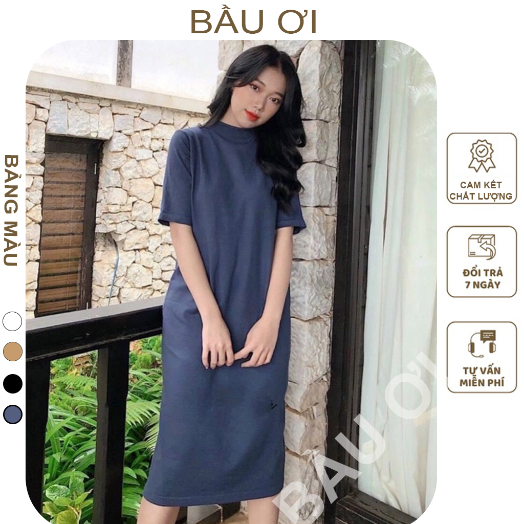Váy bầu len mongtoghi cổ 3 phân dáng suông dài xinh xắn - đầm bầu thu đông thời trang công sở free size