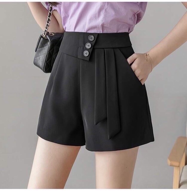 Quần short thời trang nữ phối nơ vạt lệch, đính 3 khuy thiết kế mới 2021 cạp cap gen bụng tốt