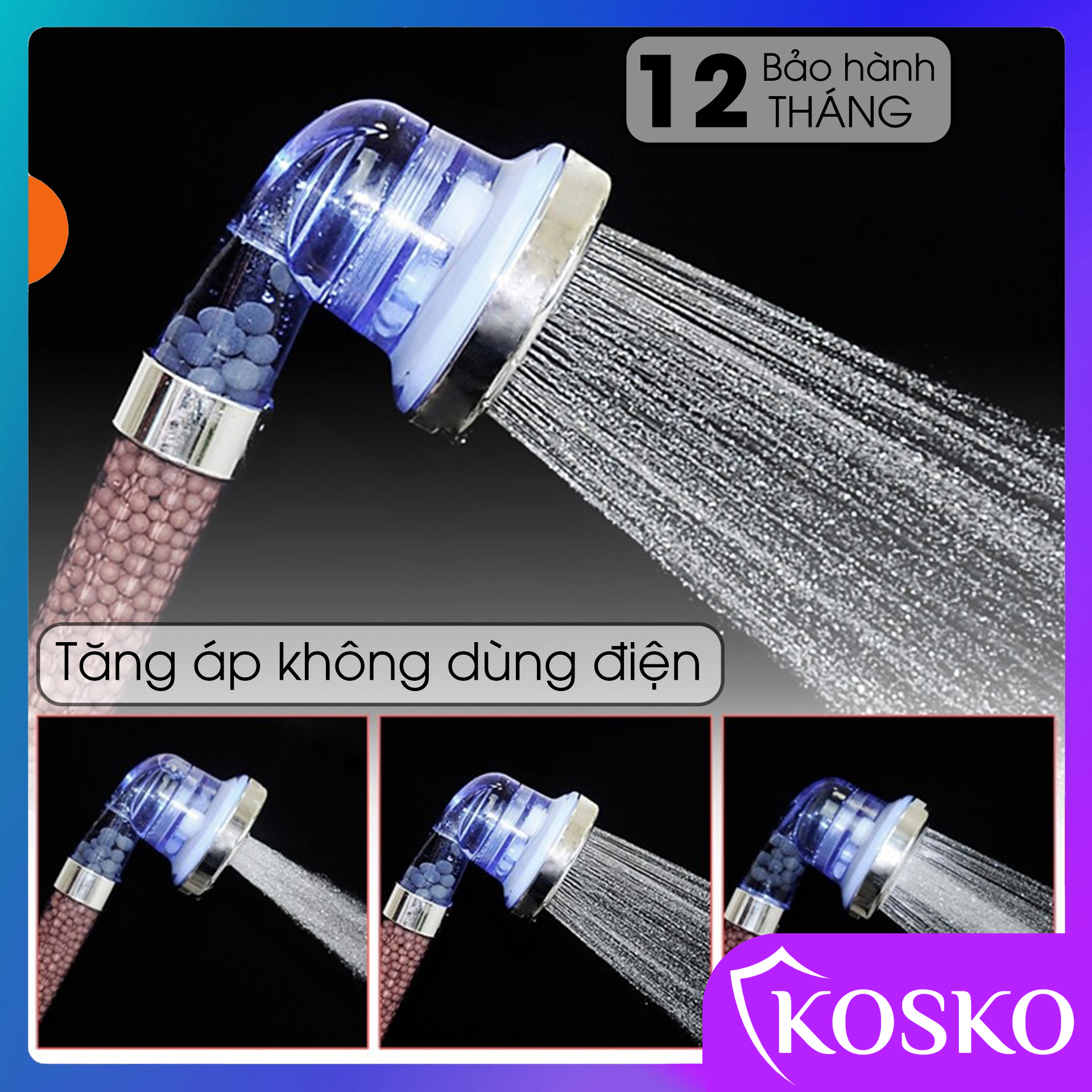 Vòi sen tăng áp Công Nghệ Nano Hạt Lọc Siêu tiết kiệm nước, đường kính vòi sen lớn 8cm, 3 chế độ điều chỉnh chỉ bằng 1 nút nhấn, Dễ dàng lắp đặt không cần gọi thợ
