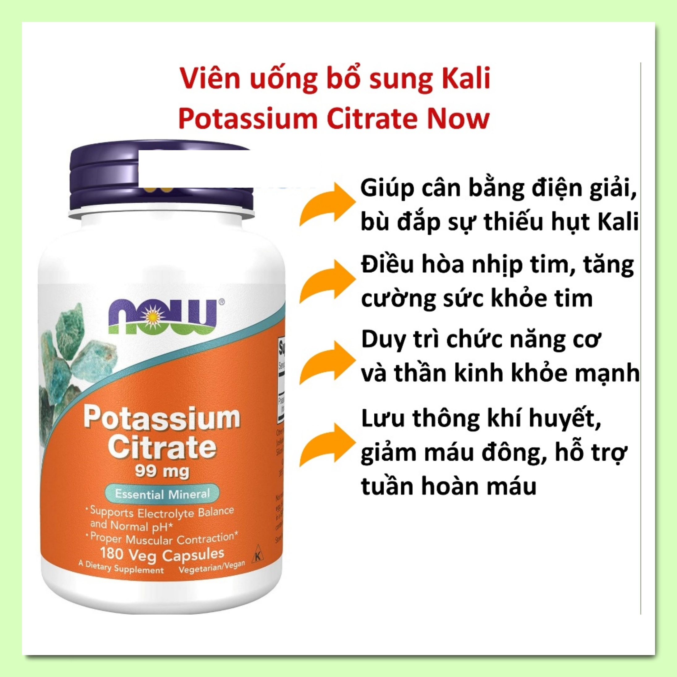 Viên uống bổ sung Kali Potassium Citrate/ Gluconate 99mg Now thuần chay hũ 100/ 180 viên [Hàng Mỹ]