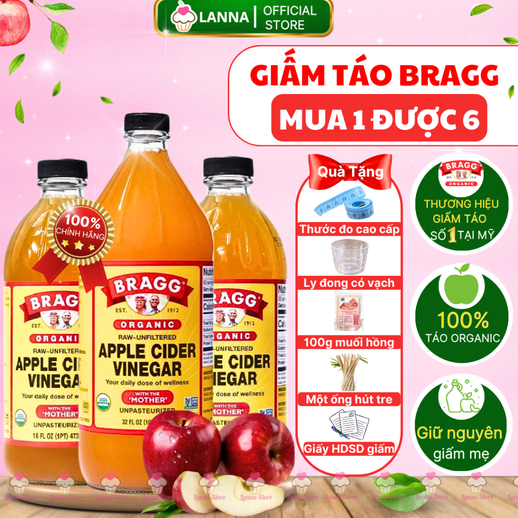 [TẶNG KÈM 5 PHẦN QUÀ]  Giấm Táo Hữu Cơ Mỹ Bragg ORGANIC APPLE CIDER VINEGAR Có Giấm Cái - Dấm Táo Giảm Cân Ăn Kiêng Eatclean