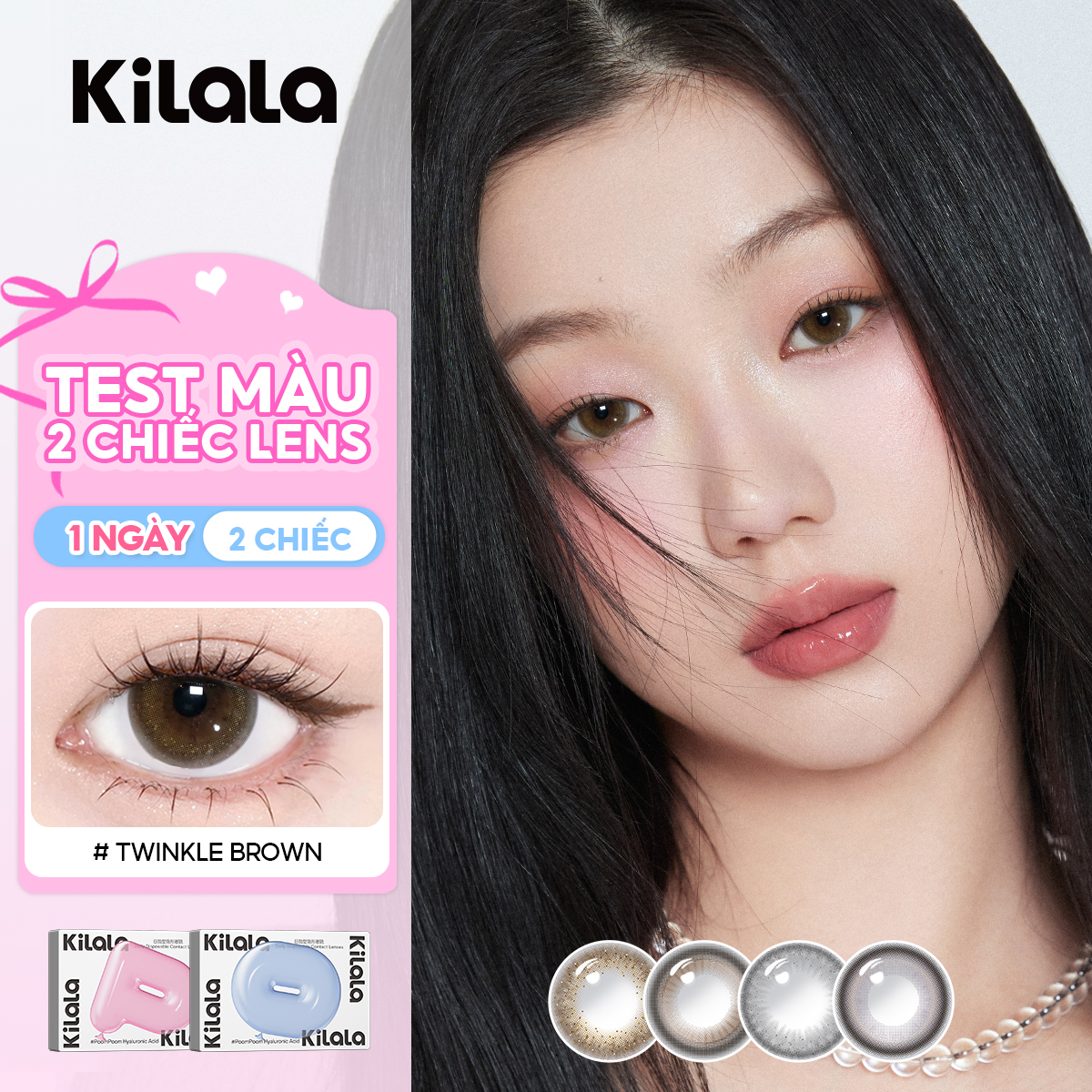 Kilala Kính áp tròng màu 1 ngày Twinkle Brown/Ice Peach Grey/Ice Oolong Brown DIA 14.5mm Lens nâu/xám tự nhiên có độ (0-8) 2 chiếc