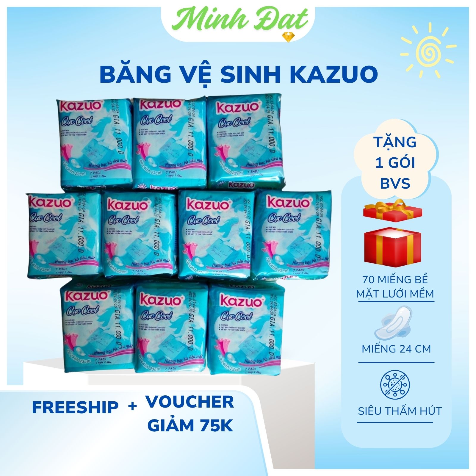 [ COMBO 10 góI ] Băng Vệ Sinh kazuo  Kháng Khuẩn  Có Cánh Bề Mặt Lưới Mềm Gói 7 Miếng Kích Thước 24 Cm Nữ Women Tampon