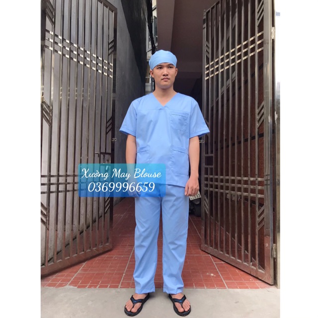 Bộ quần áo blouse cổ tim Phẫu thuật màu Xanh Dương nam nữ cho bệnh viện, thẩm mỹ viện, spa, nha khoa