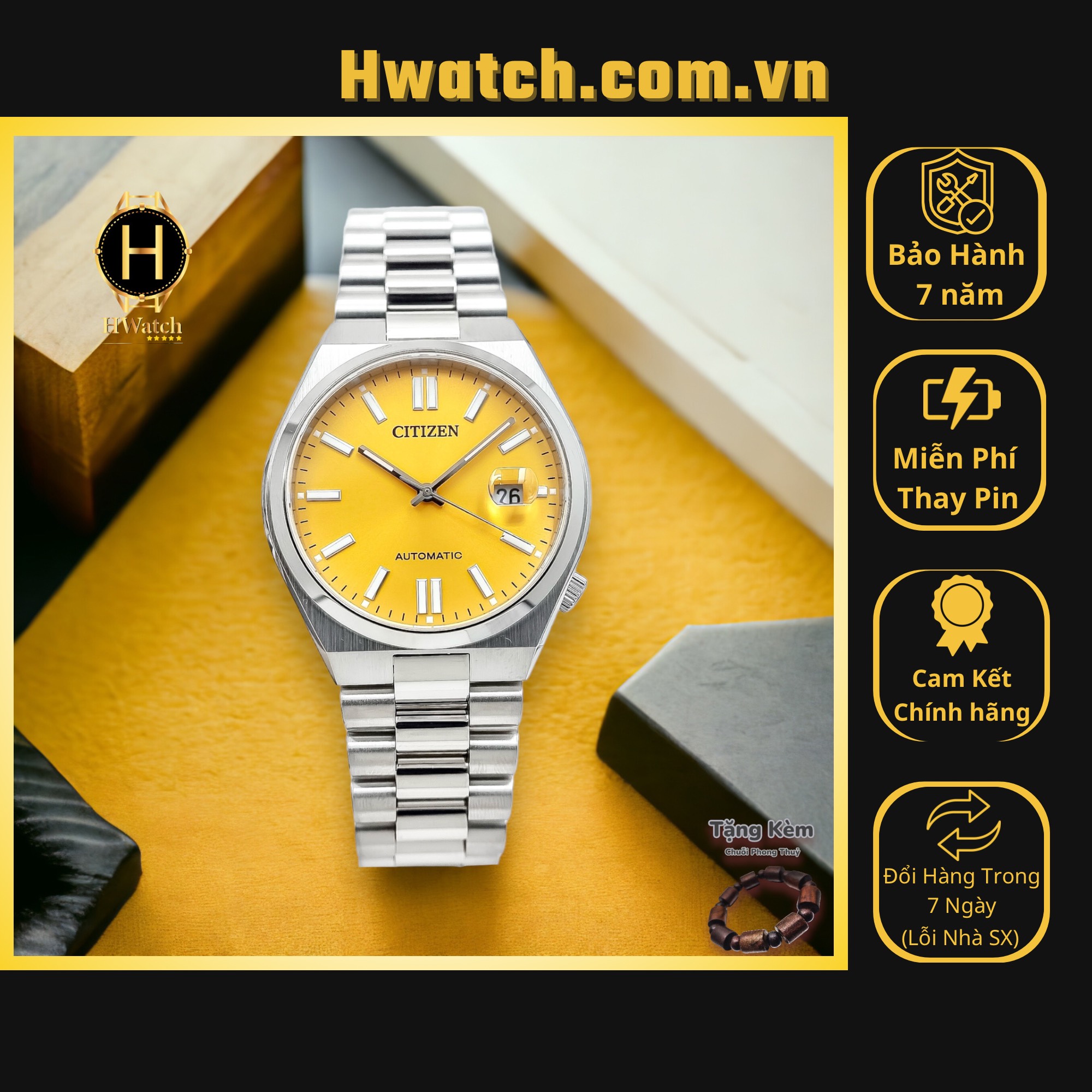 Đồng hồ nam citizen automatic nj0150-81z dây sắt vỏ trắng mặt vàng sapphire