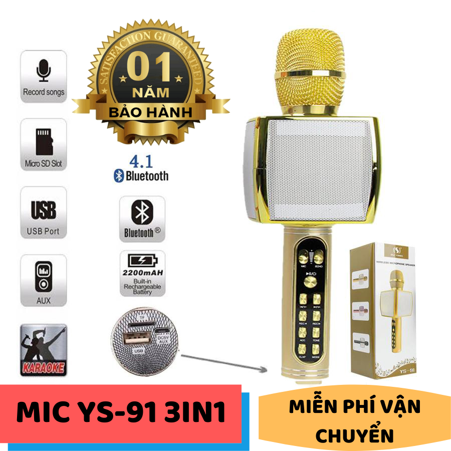 Mic Hát Karaoke Không Dây YS 91 Tích Hợp Sẵn Loa Cao Cấp - Micro Karaoke Bluetooth YS 91 Chính Hãng - Bass Lớn - Chỉnh Âm Vang - Âm Trầm - Tách Âm - Đổi Dọng - Pin Khỏe