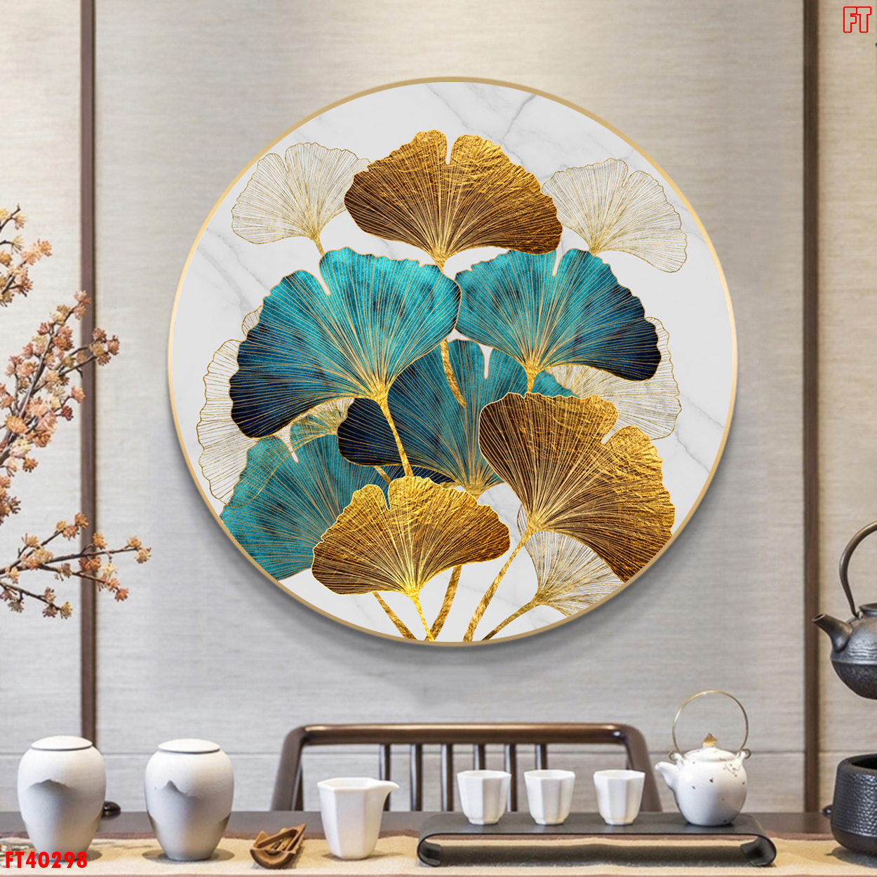 Tranh tròn tráng gương lá rẻ quạt - Mốc Decor giảm giá kịch sàn đường kính  50cm - tranh tráng gương treo phòng khách, Decor phòng siêu xinh