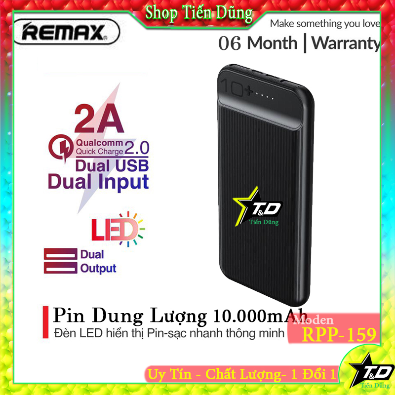 Pin remax rpp-159 sạc dự phòng remax rpp-159 dung lượng 10.000mah hỗ trợ 2 cổng vào và 2 cổng ra