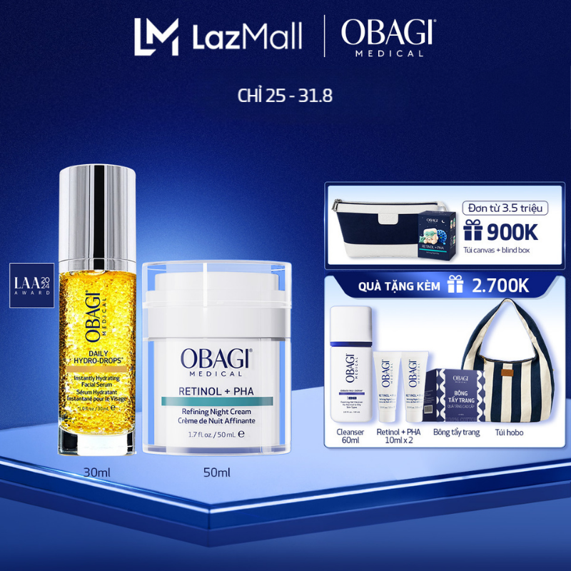 Bộ đôi Kem Dưỡng Đêm Obagi Medical Retinol + PHA 50ml và Serum Daily Hydro-Drops 30ml