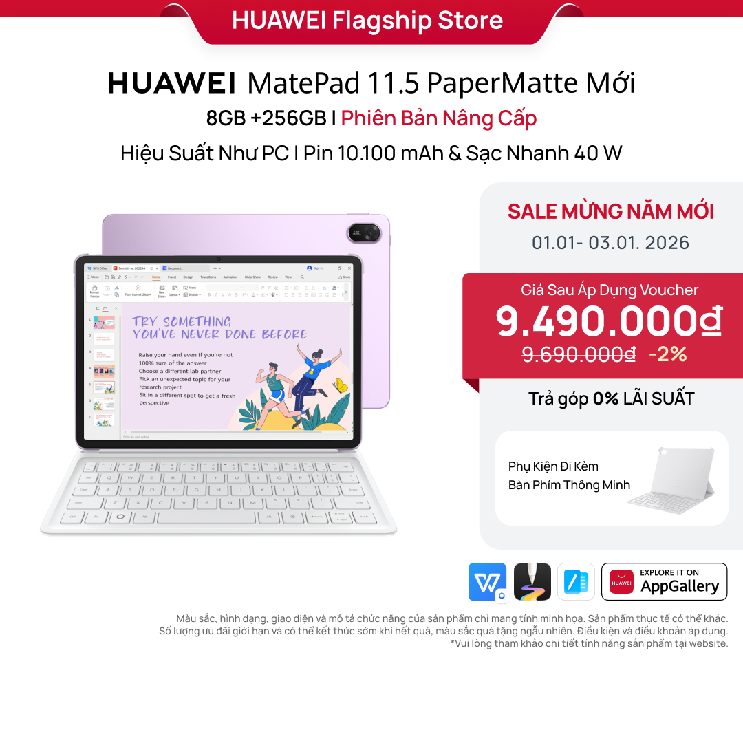 NEW Máy Tính Bảng HUAWEI MatePad 11.5 PaperMatte Mới 8+256GB | Hiệu Suất Như PC | Pin 10.100 mAh | Sạc Nhanh 40W