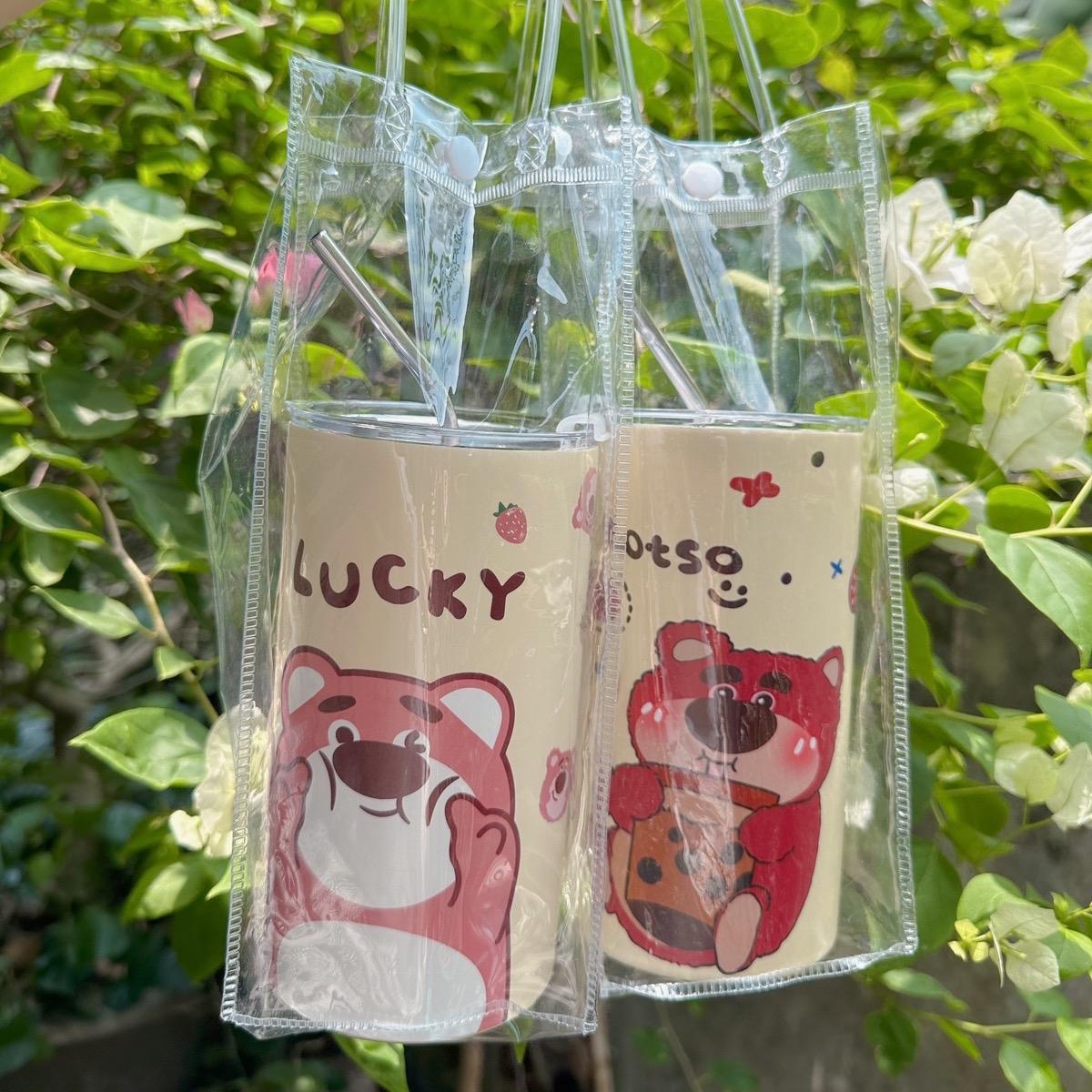 Ly Giữ Nhiệt Gấu Dâu Trà Sữa Lotso 600ml Giữ Nhiệt 6-8h, Có Nắp Chống Tràn