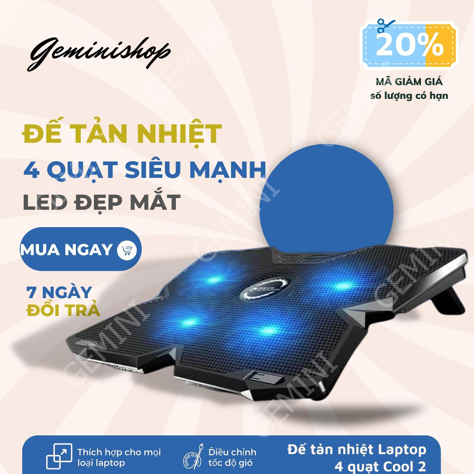 Đế Tản Nhiệt LAPTOP Quạt tản nhiệt Laptop Cool 2 - 4 Quạt, Đèn Led, Macbook Asus HP ... Đế Nâng 17 Inch Trở Xuống GEMINI