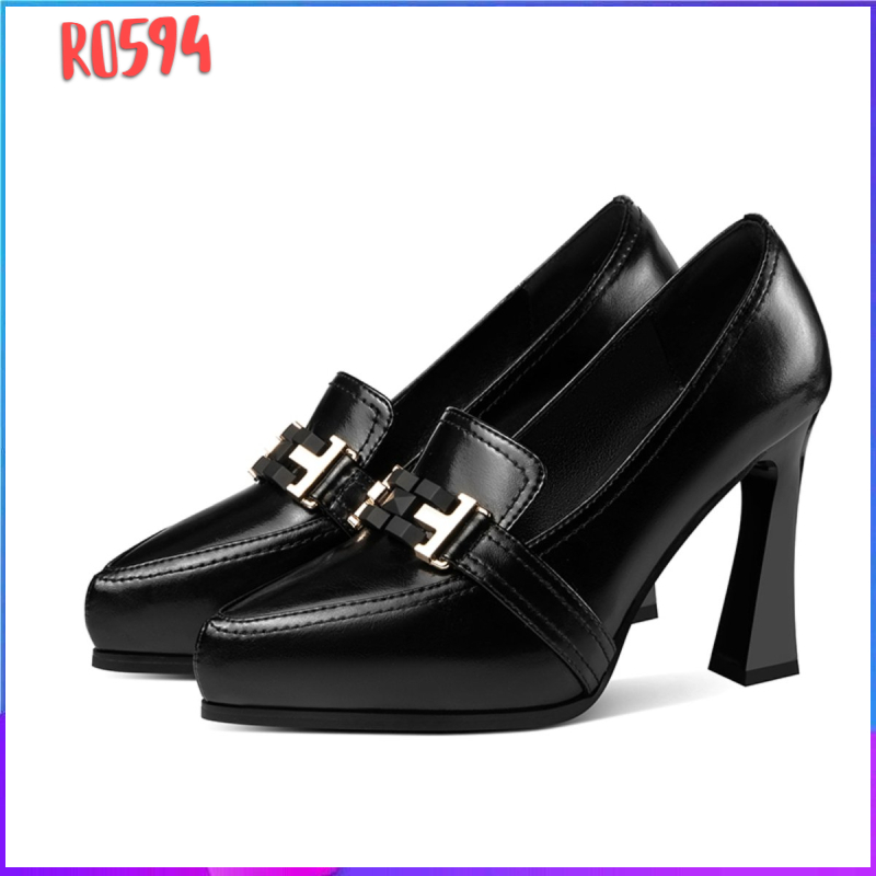 Giày cao gót nữ đẹp đế vuông 9cm hàng hiệu rosata hai màu đen trắng kiểu hàn quốc ro594