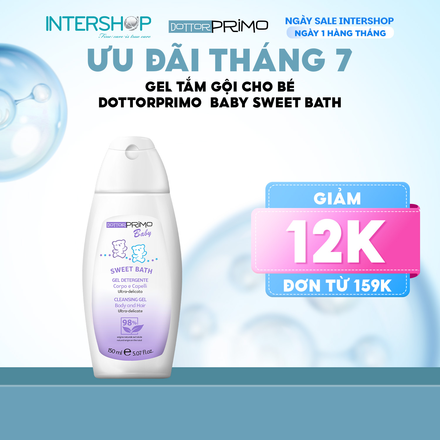 Sữa tắm gội cho bé DottorPrimo Sweet Bath 150ml - gel tắm gội trẻ em cung cấp độ ẩm, hương thơm nhẹ dịu thoải mái