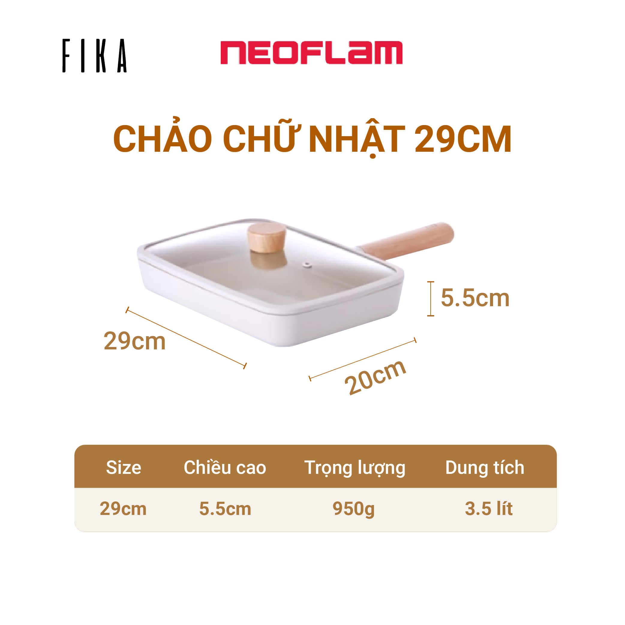 Hàng chính hãng: Chảo chiên chữ nhật Neoflam Fika 29cm, thành cao 5,5cm, cán gỗ 17cm, nắp kính. Hàng có sẵn giao ngay