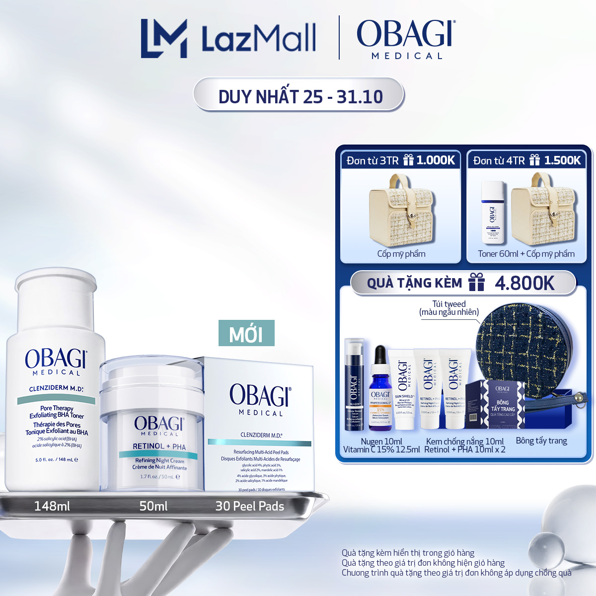 Combo Miếng Pad Peel Da Obagi Làm Sạch Tế Bào Da Chết (30 Miếng)  Kem Dưỡng Đêm Retinol + PHA (50ml)  Toner Toner chứa 2% BHA Obagi Clenziderm M.D. Exfoliating (148ml)