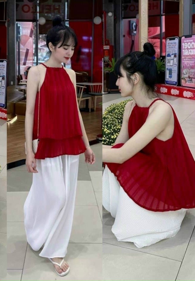 Set áo yếm dập ly + Quần ống rộng dịu dàng nữ tính