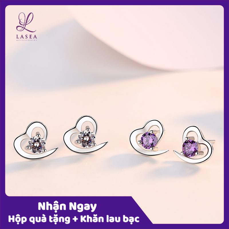 [HCM]Bông tai nữ trang sức bạc Ý S925 Lasea - Hoa trái tim phối đá ( Trắng Tím ) E001