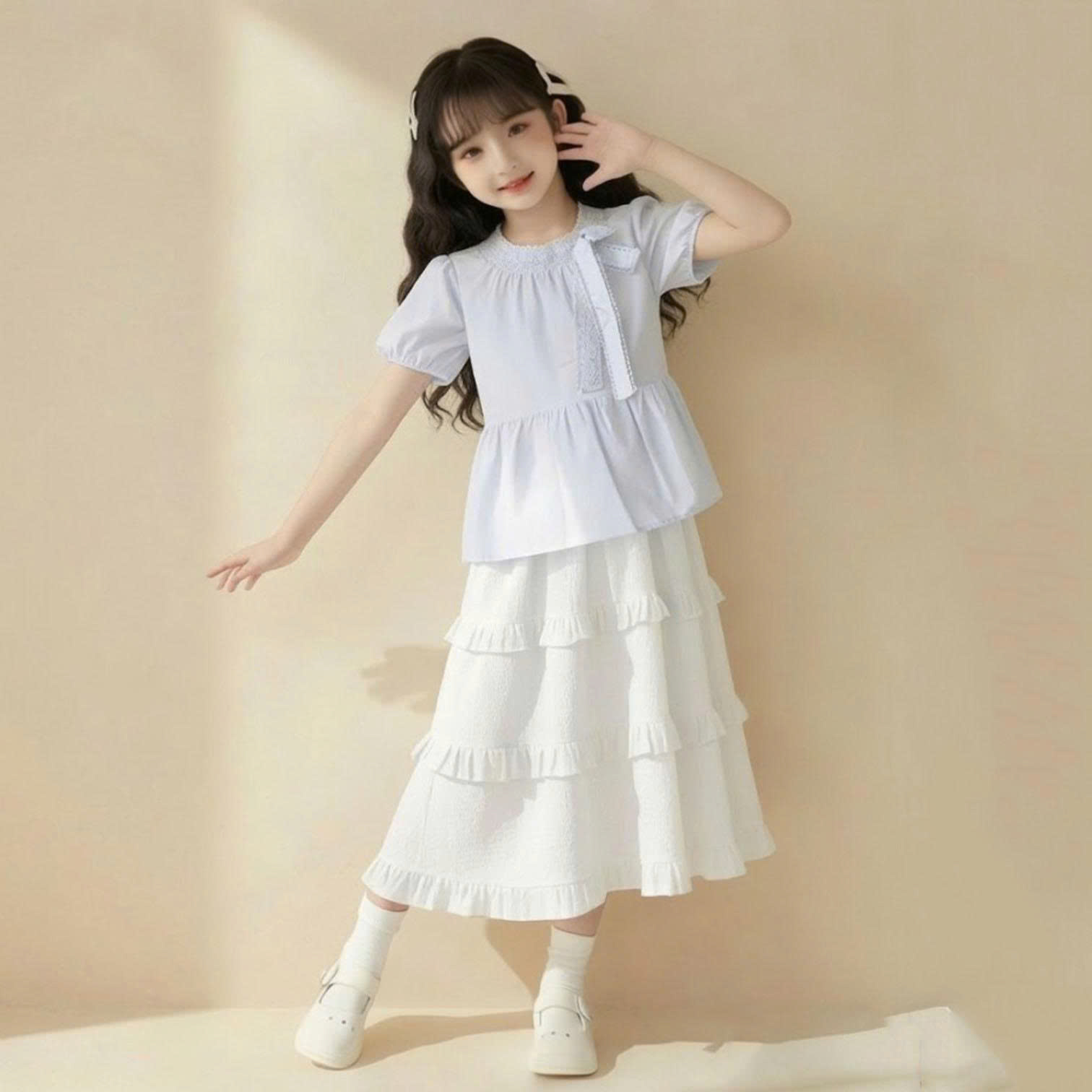 SIÊU RẺ - QUẦN ÁO TRẺ EM - SET ÁO PHỐI REN NƠ VÁY BÈO NHÍ
