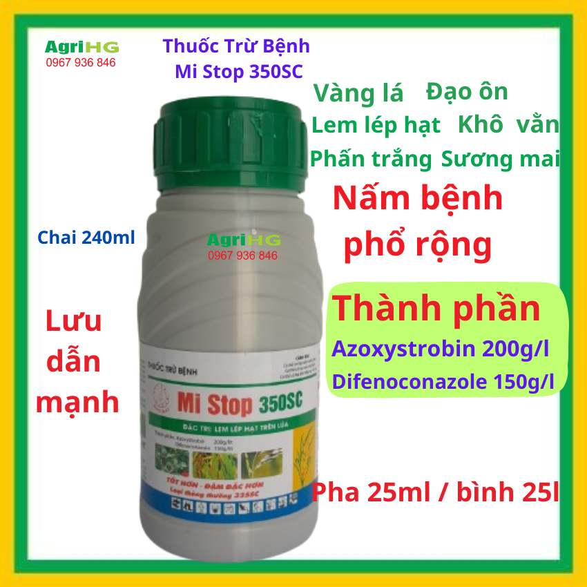 Thuốc đặc trừ bệnh mi stop 350sc chai 240ml,azoxystrobin 200g/l+difenoconazole 150g/l,đặc trừ bệnh lem lép hạt, đạo ôn, thán thư, phấn trắng, rỉ sắt, vàng lá, khô vằn, agrihg
