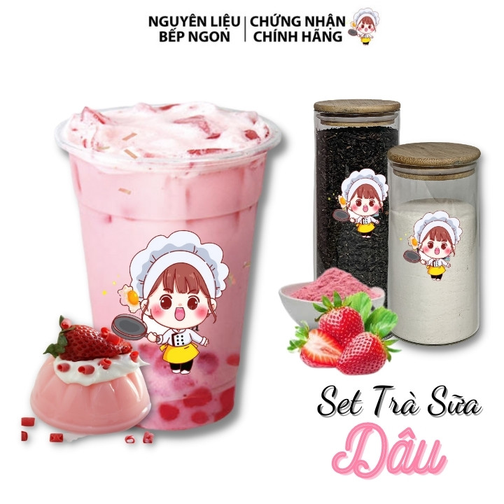 Trà Sữa Tự Pha Set Nguyên Liệu Trà Sữa Vị Dâu (25 - 30ly) - NGUYÊN LIỆU BẾP NGON