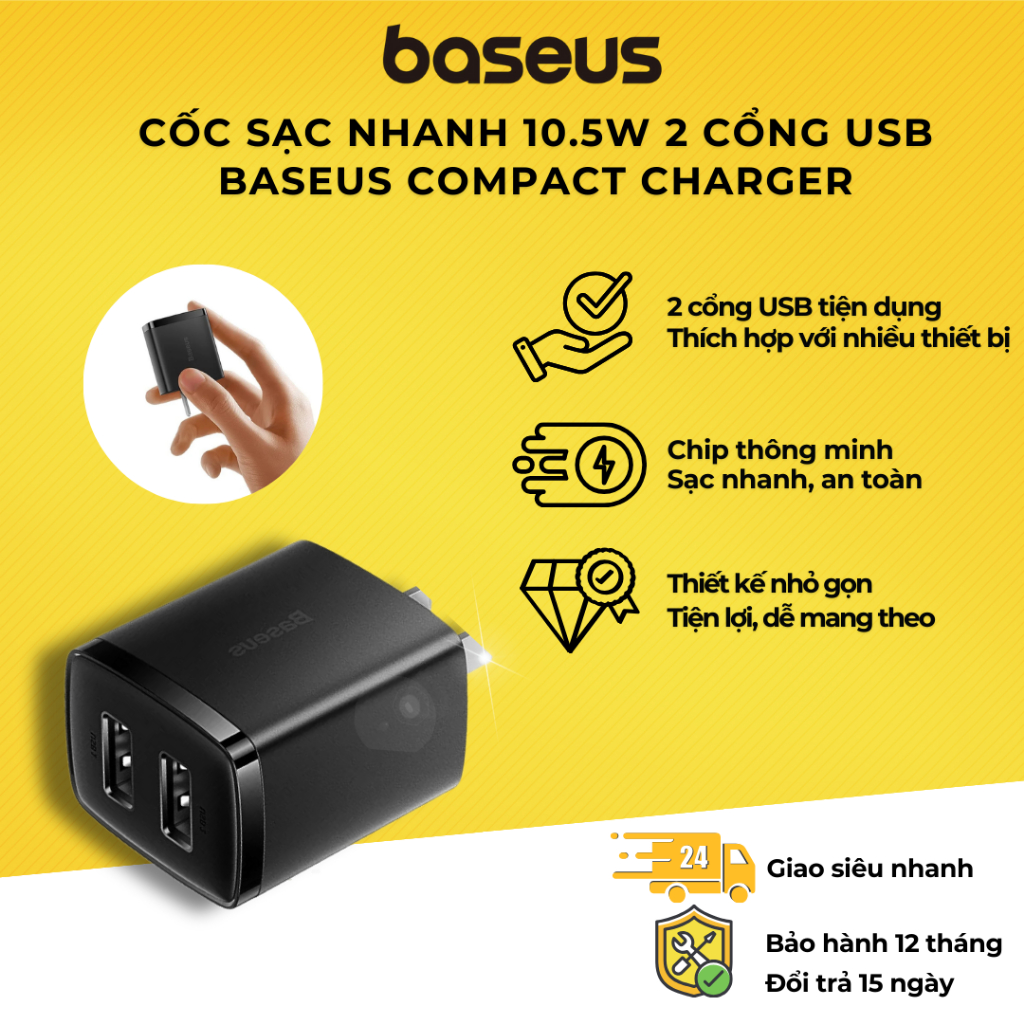Củ sạc baseus compact charger 2 cổng usb 10.5w