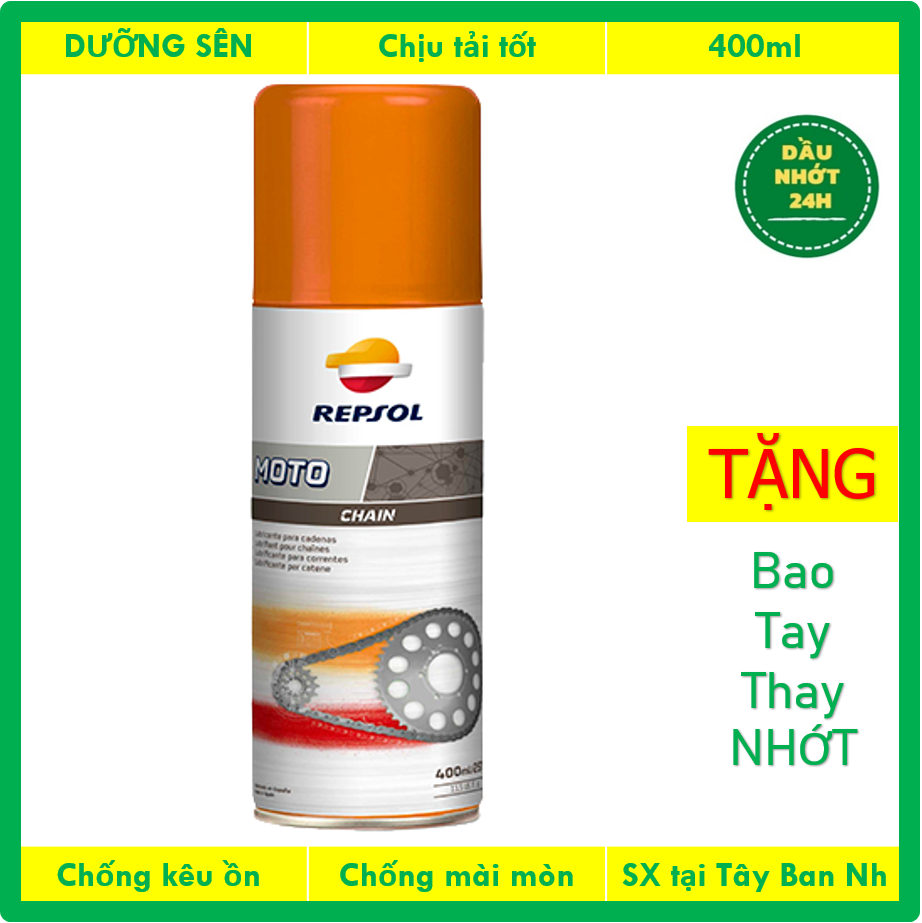 (Tặng lót chống xe) Xịt Dưỡng Sên Repsol Moto Chain Lube 400ml, Bôi trơn giúp kéo dài tuổi thọ sên, êm ái khi vận hành, Sản xuất tại Tây Ban Nha