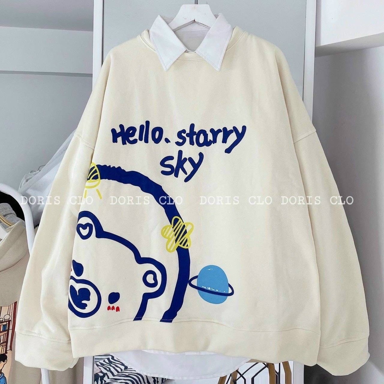 Áo sweater nam nữ cổ tròn in gấu dưới 60kg chất nỉ ngoại-tp