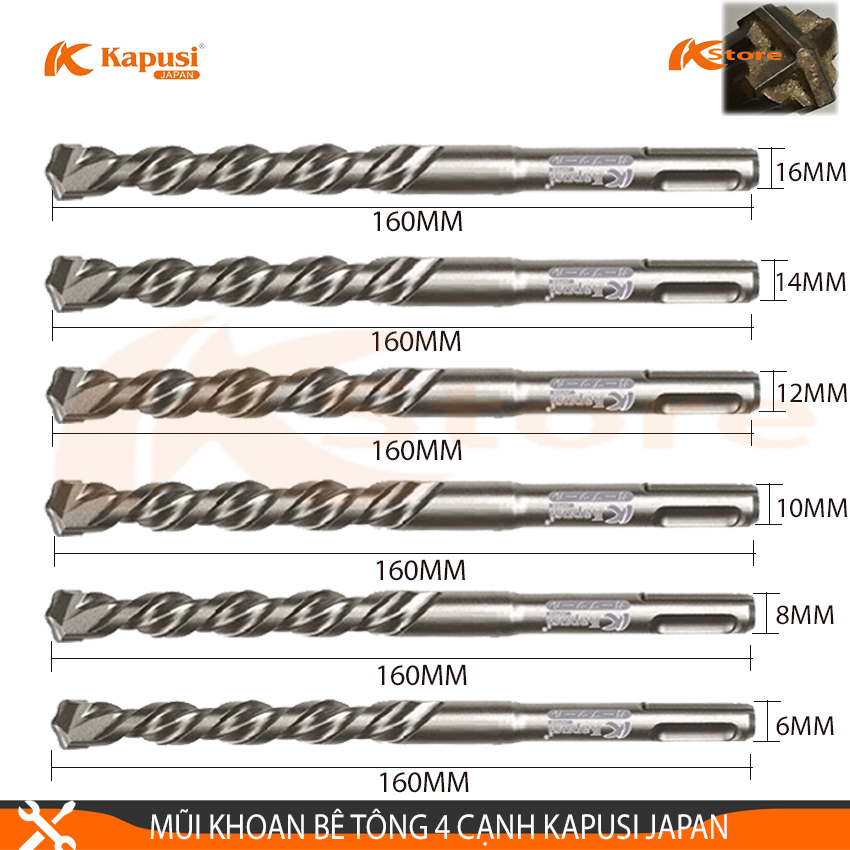 MŨI KHOAN BÊ TÔNG ĐUÔI GÀI 4 CẠNH KAPUSI JAPAN 160MM, MŨI KHOAN ĐA NĂNG TIÊU CHUẨN NHẬT BẢN, ĐƯỜNG KÍNH MŨI KHOAN: 6-8-10-12-14-16MM