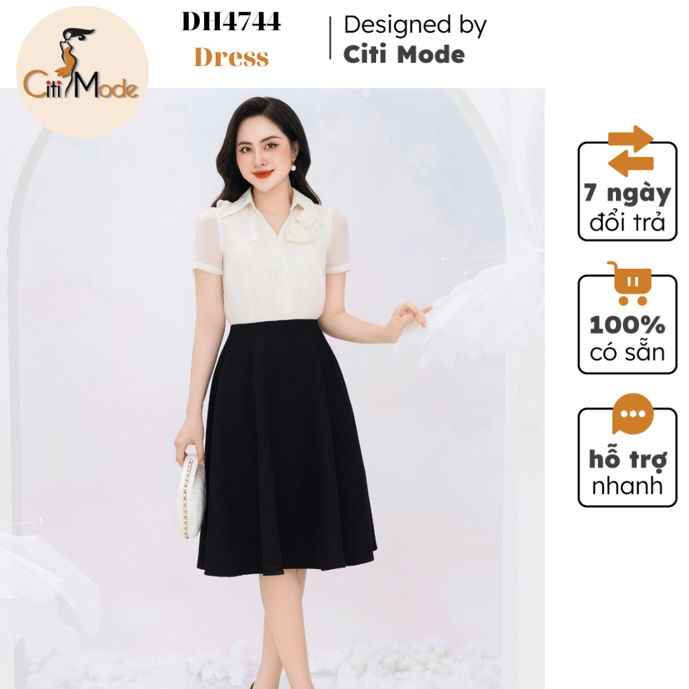 Đầm công sở citi mode fashion thiết kế dáng xoè trắng phối đen cổ đức đính hoa dh4744