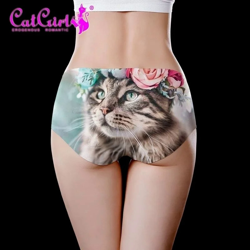 Băng lụa mèo liền mạch quần lót mùa hè của phụ nữ đồ lót phim hoạt hình in underpanties nửa er đồ lót giữa eo tóm tắt