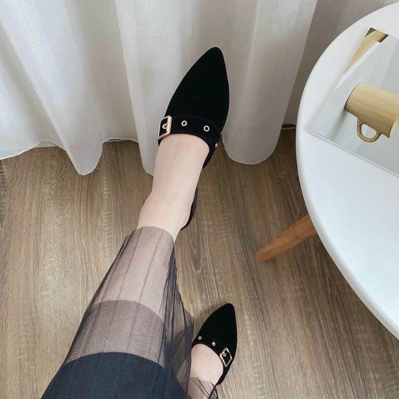 Sẵn hàng Giày sục nhung mũi nhọn khoá vuông mix đinh