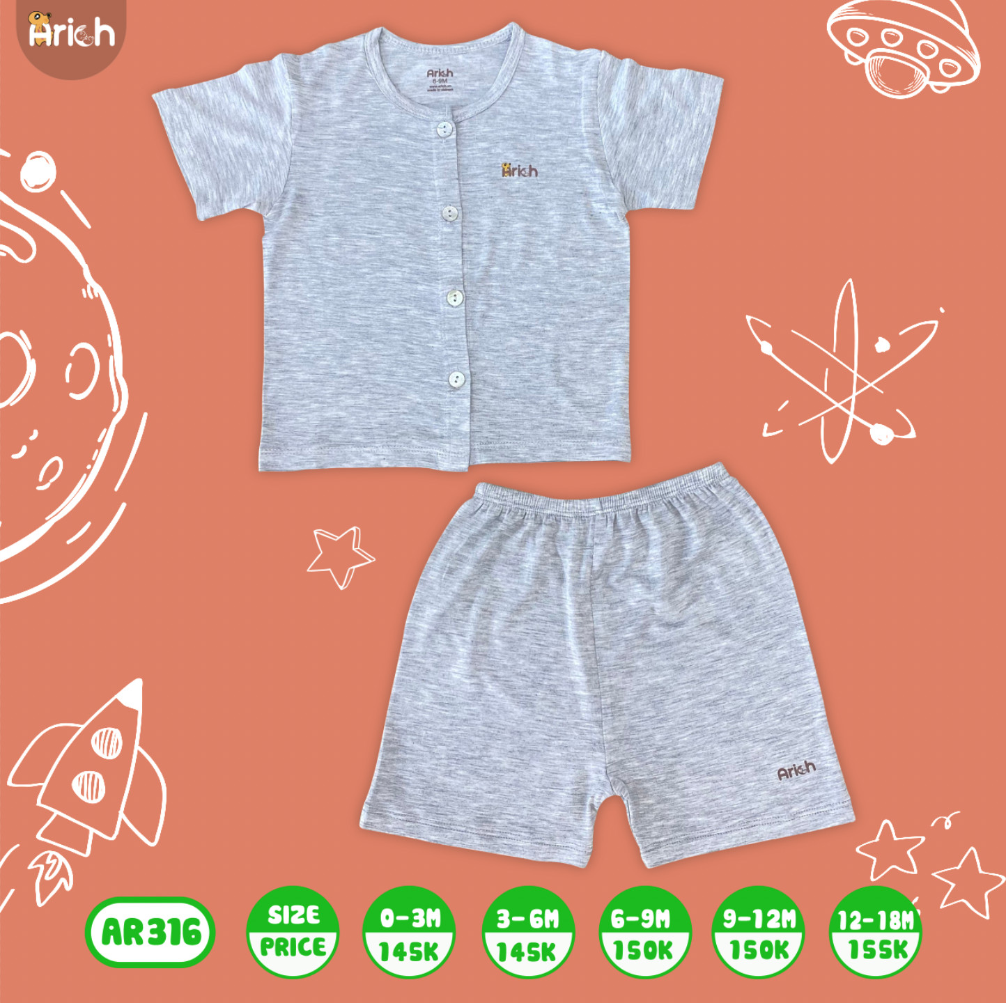 Bộ áo cộc nút cài thẳng cho bé sơ sinh đến 18 tháng - ARICH