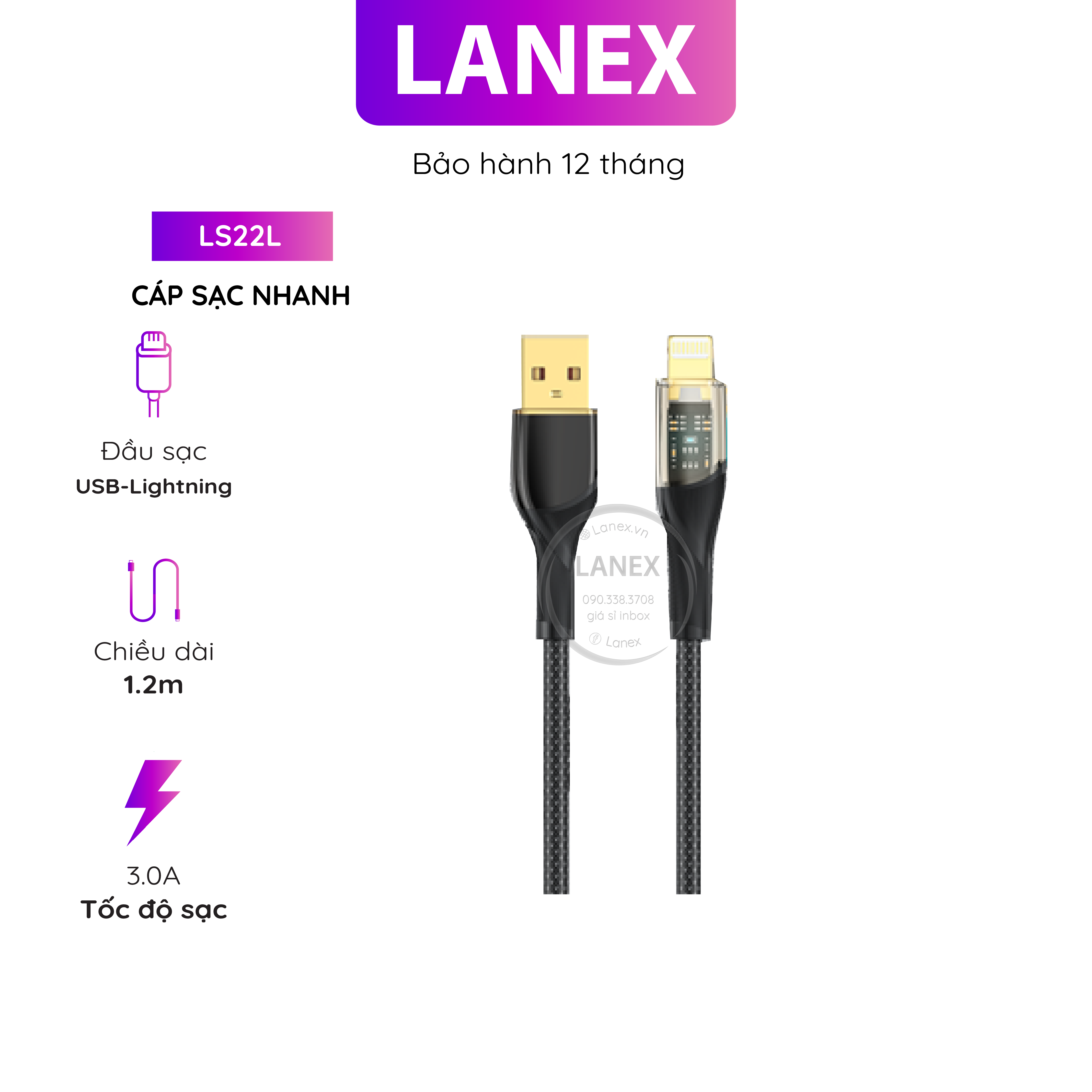Cáp sạc nhanh lanex ls22l dây dù có led lightning 3.0a dài 1.2m