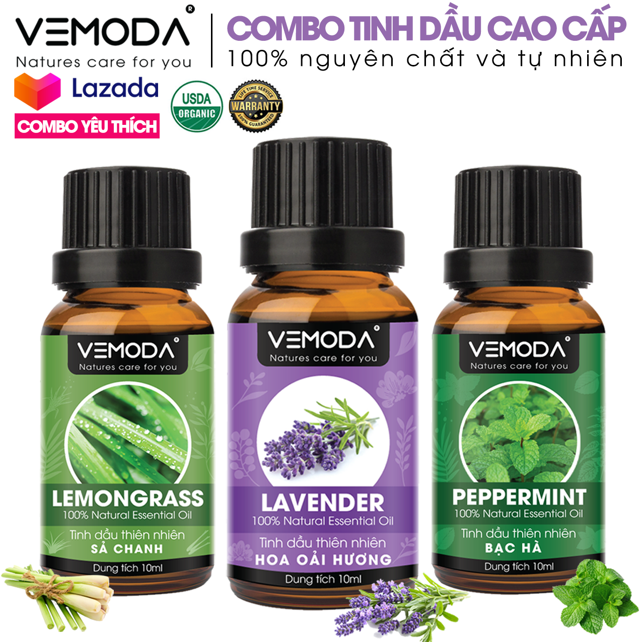 Tinh dầu thơm phòng Combo 3 chai tinh dầu nguyên chất: tinh dầu Bạc hà (10ml) + tinh dầu Oải hương (10ml) + tinh dầu Sả Chanh (10ml). Tinh dầu xông phòng thiên nhiên cao cấp