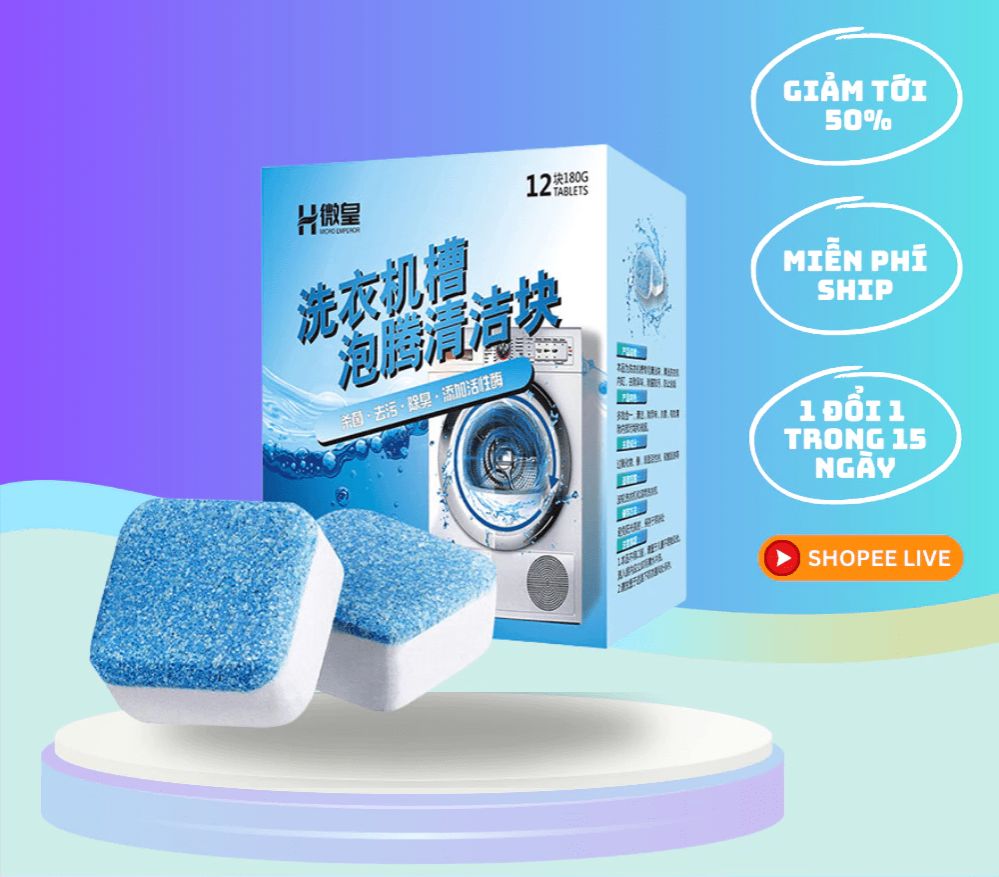Hộp 24 viên tẩy lồng giặt tẩy chất cặn bã diệt khuẩn và đẩy mùi khó chịu ra khỏi lồng giặt.