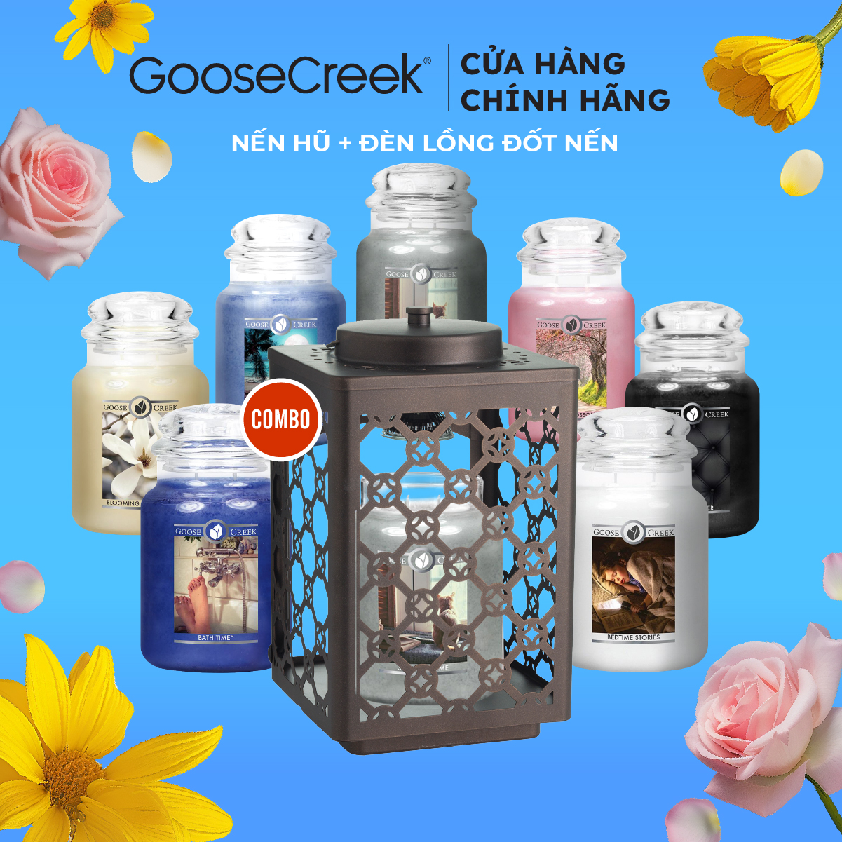 Combo đèn lồng đốt nến & nến hũ goose creek 680g