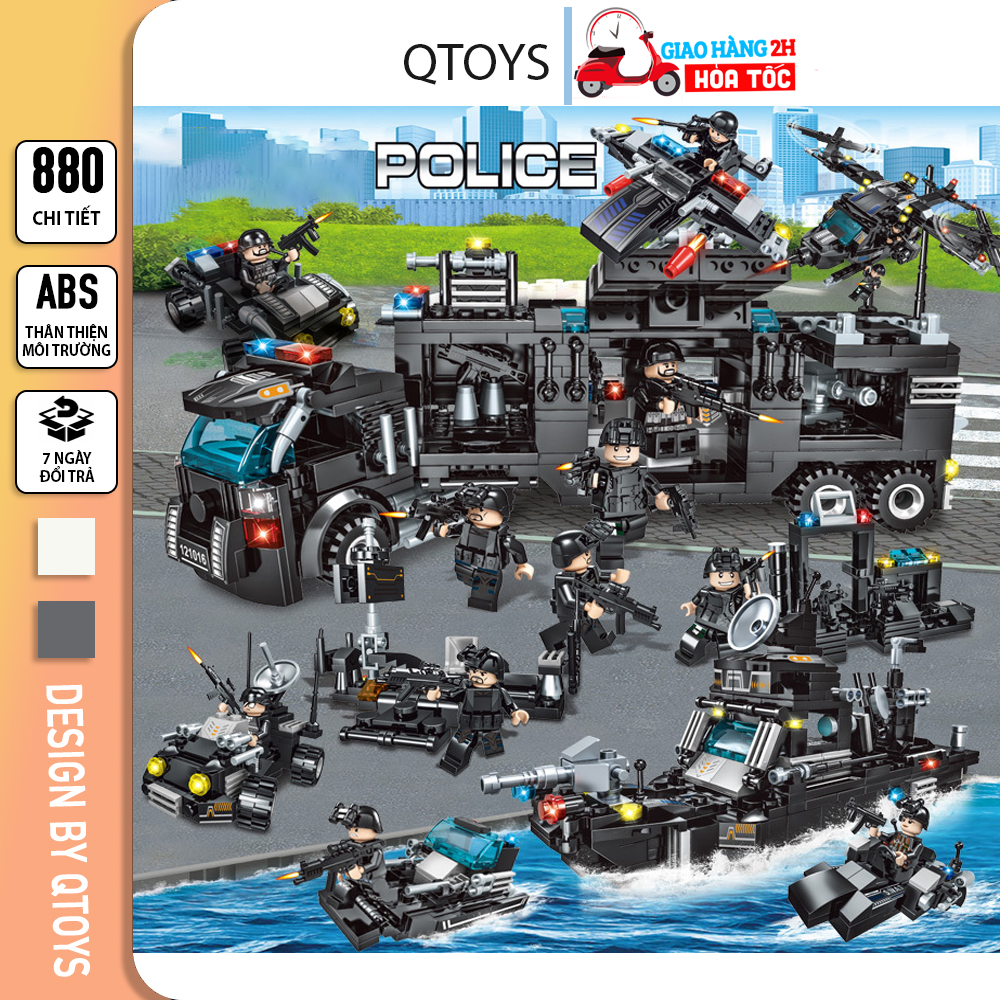 Bộ đồ chơi lắp ráp lego cảnh sát 880 chi tiết, xếp hình lego swat đội đặc nhiệm, mô hình máy bay trực thăng