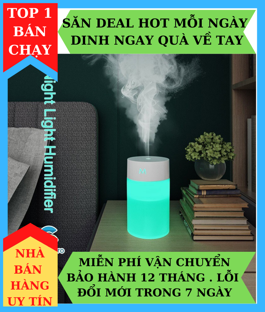 Máy phun sương mini, máy phun sương tạo ẩm Kiêm máy xông tinh dầu, khuếch tán tinh dầu làm Đèn Ngủ, có đèn Led nhiều màu dùng sạc USB, phun sương tạo ẩm lọc không khí