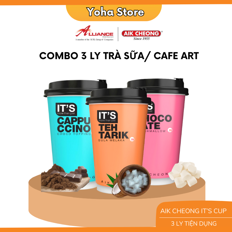 Combo 3 Ly Trà Sữa/ Cà Phê Aik Cheong Malaysia Tiện Dụng Kèm Topping (Trà Sữa Truyền Thống, Cappuccino, Chocolate)
