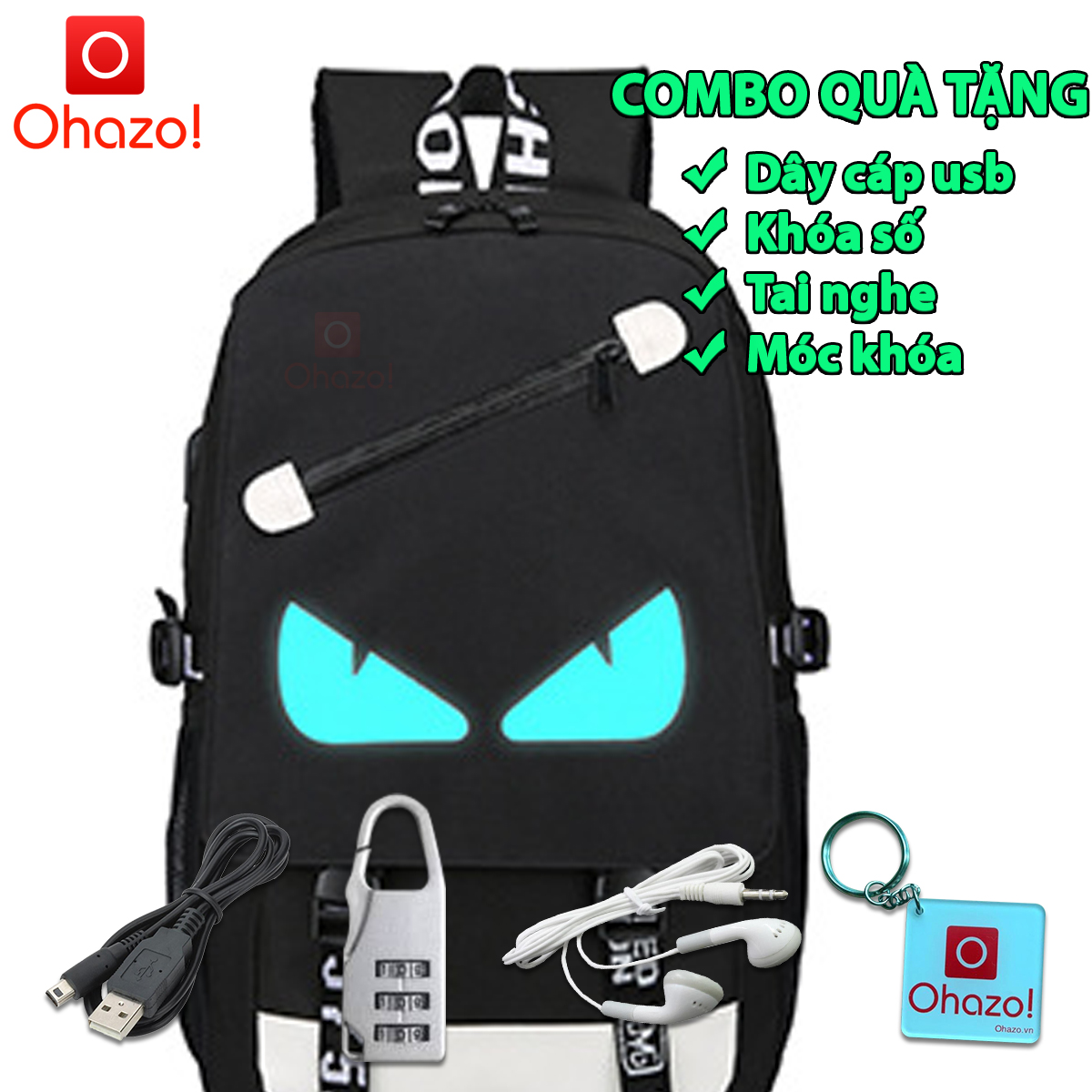 Bộ Balo Nam Nữ Ohazo! Ba Lô Đi Học Thời Trang Phát Sáng Tặng Kèm ( Ví bút + Khóa chống Trôm + Cáp Sạc ) - Cặp học sinh đi học BL129