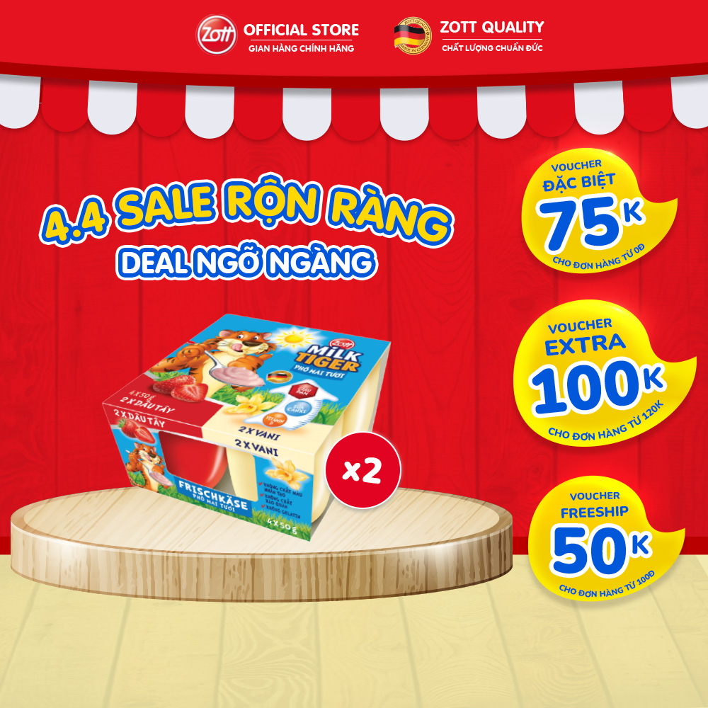 Giao Hoả tốc - COMBO 2 vỉ Phô mai tươi Zott Milk Tiger vị Dâu - Vani nhập khẩu từ Đức (vỉ – 50g x 4 hũ), có bộ đôi Canxi - Vitamin D