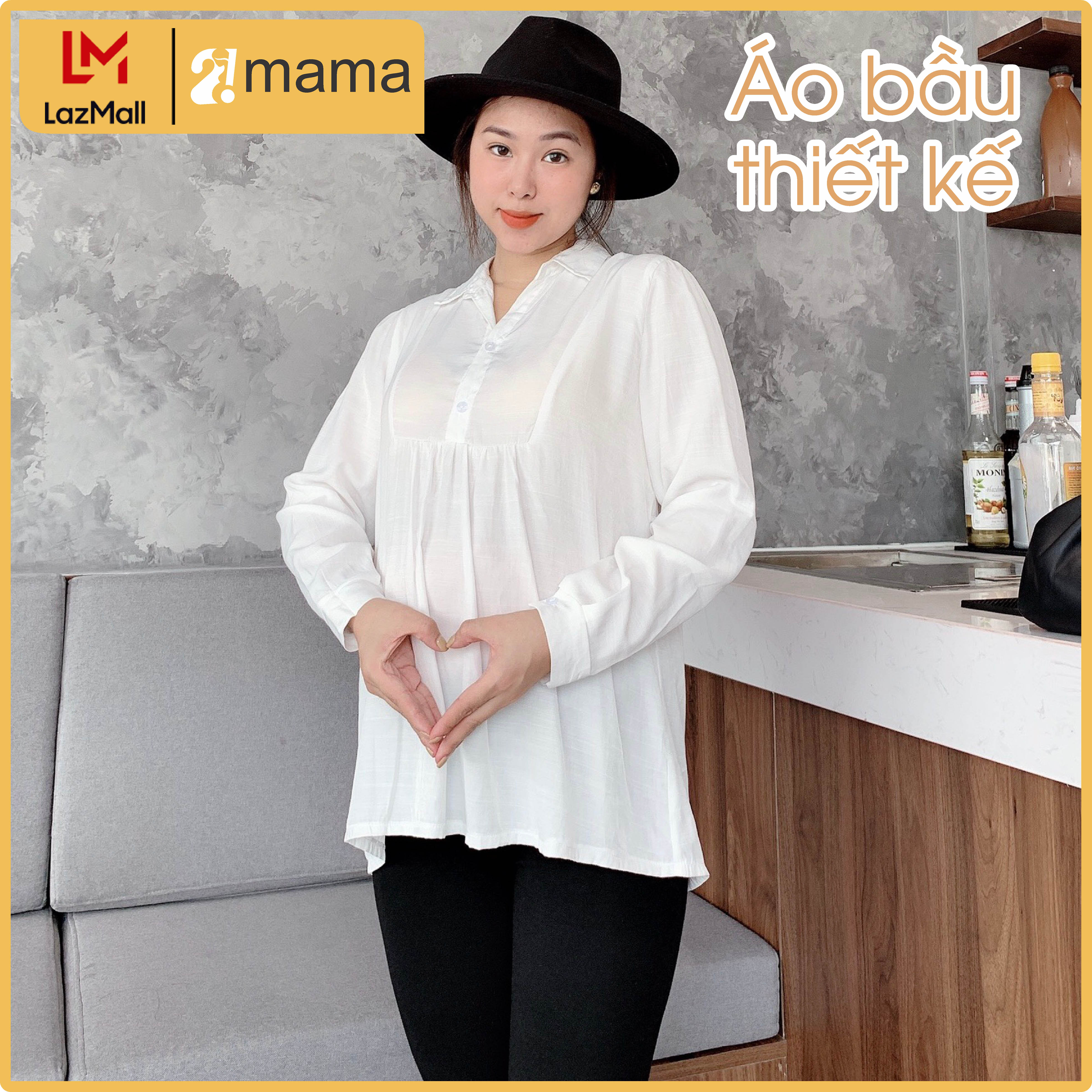 Áo bầu công sở 2MAMA dài tay cổ sơ mi mặc trong chân váy bầu – V25
