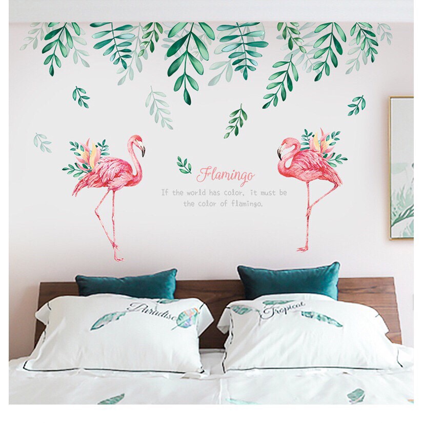 Decal dán tường chất lượng Hàn mẫu hồng hạc kết hợp lá cây