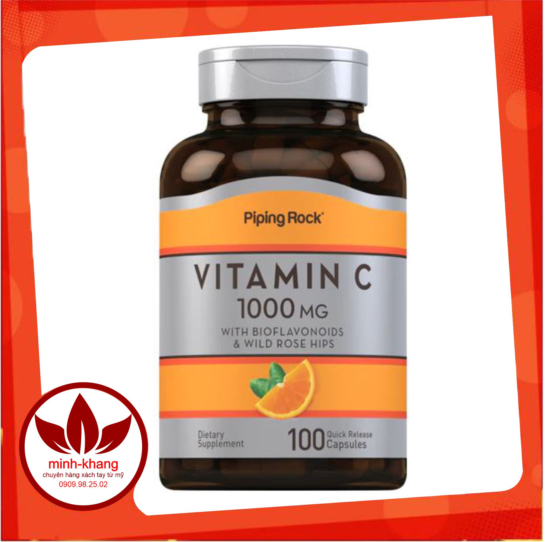  Viên uống Vitamin C 1000 mg chai 100 viên hãng PiPing Rock của Mỹ HSD 12 2026 