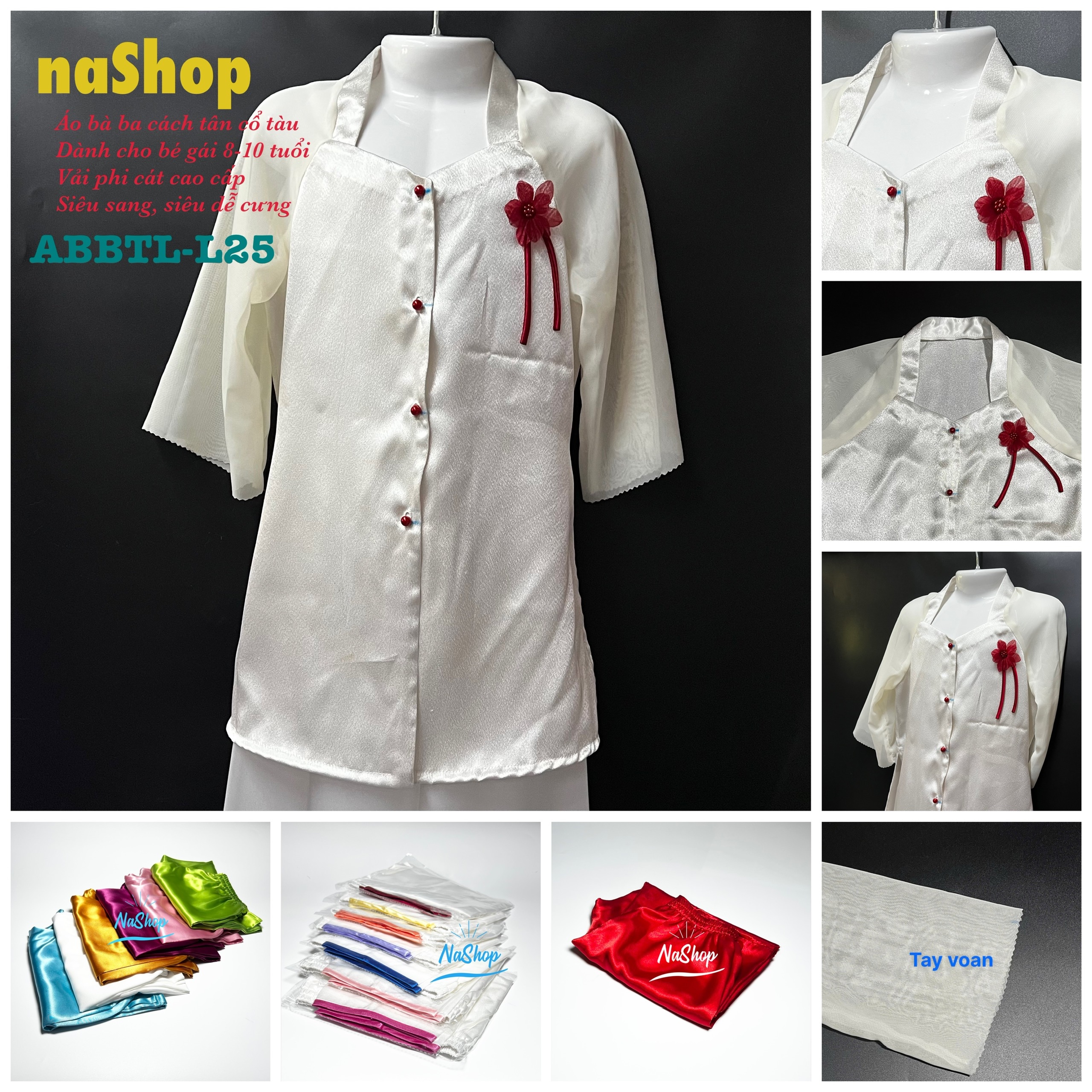 NaShop - Áo bà ba bé gái 8-10 tuổi, siêu cụ non, siêu dễ cưng, áo bà ba tay lỡ L25, áo bà ba truyền thống, áo bà ba tân thời, vải phi cát cao cấp, siêu mềm mát, thời trang bé gái 26-30kg