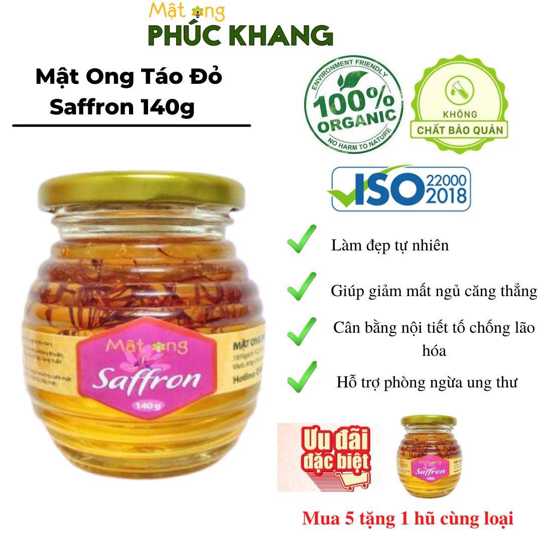 Mật Ong Phúc Khang - Saffron ngâm mật ong hũ 140g - Hũ thủy tinh cao cấp
