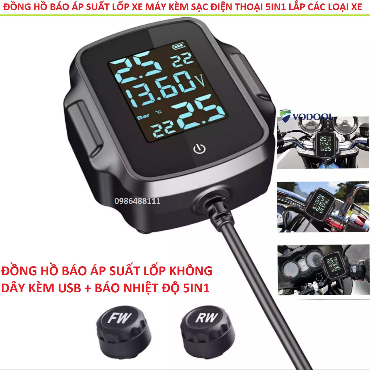 Đồng hồ báo áp suất lốp xe máy 5in1 có kèm sạc điện thoại đa năng loại xịn, thiết bị báo áp suất lốp xe máy