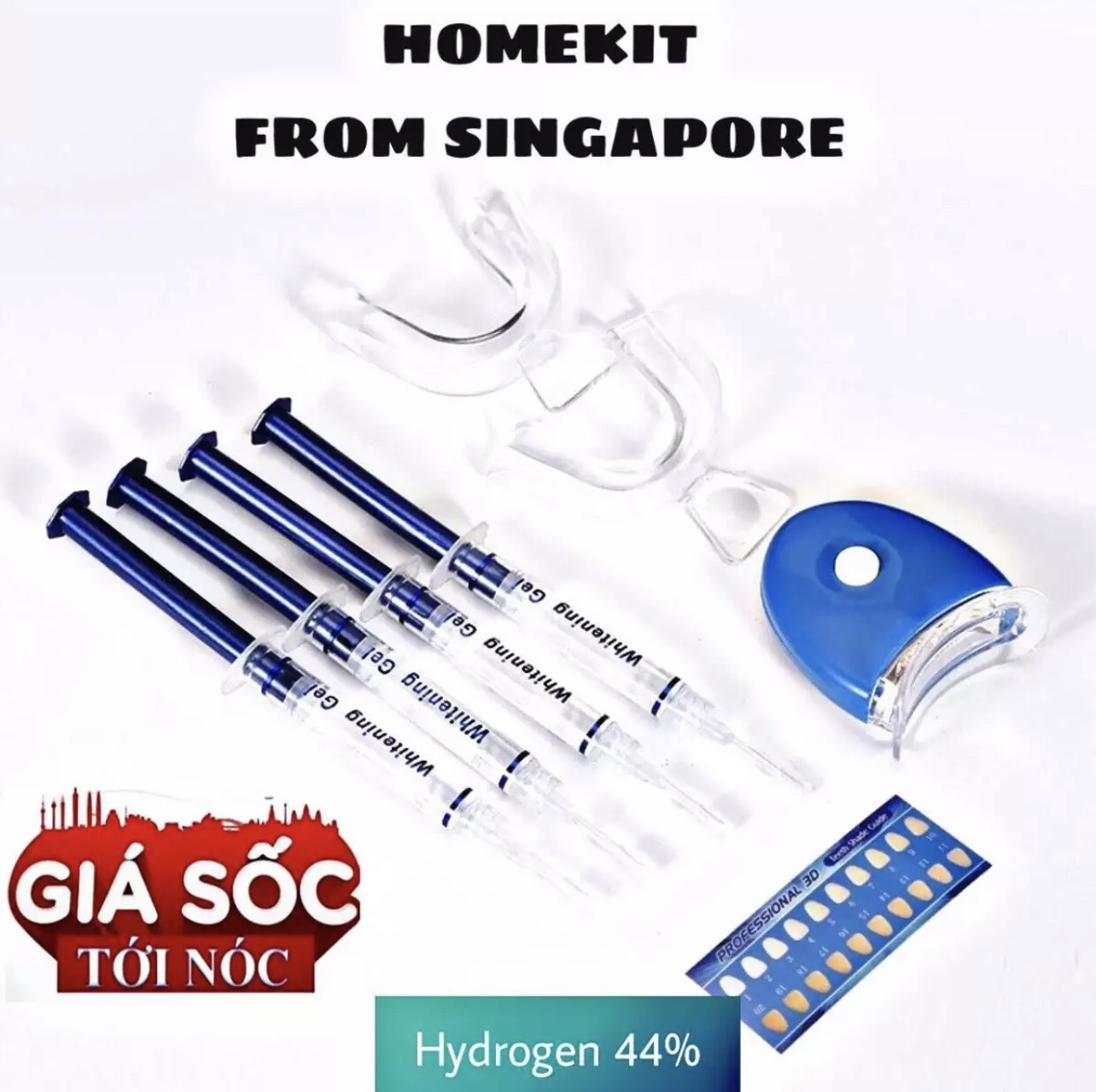 Thiết bị làm trắng răng cấp tốc tại nhà, bộ sản phẩm đầy đủ Gel làm Trắng Răng + thiết bị làm trắng răng + 2 máng đựng thuốc làm trắng răng